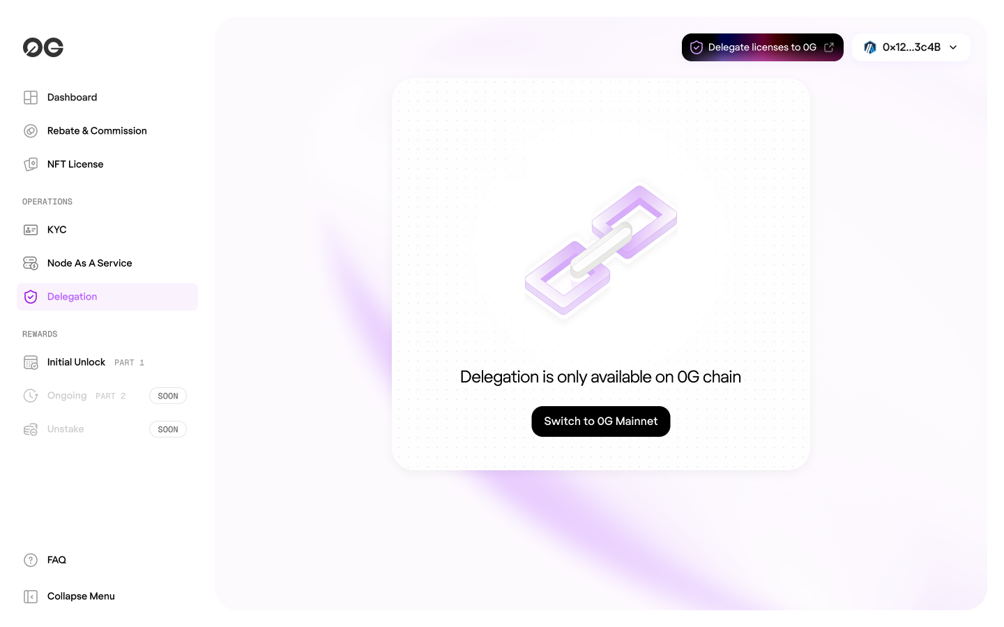 0G Portal interface showing network switch to 0G Chain for delegation