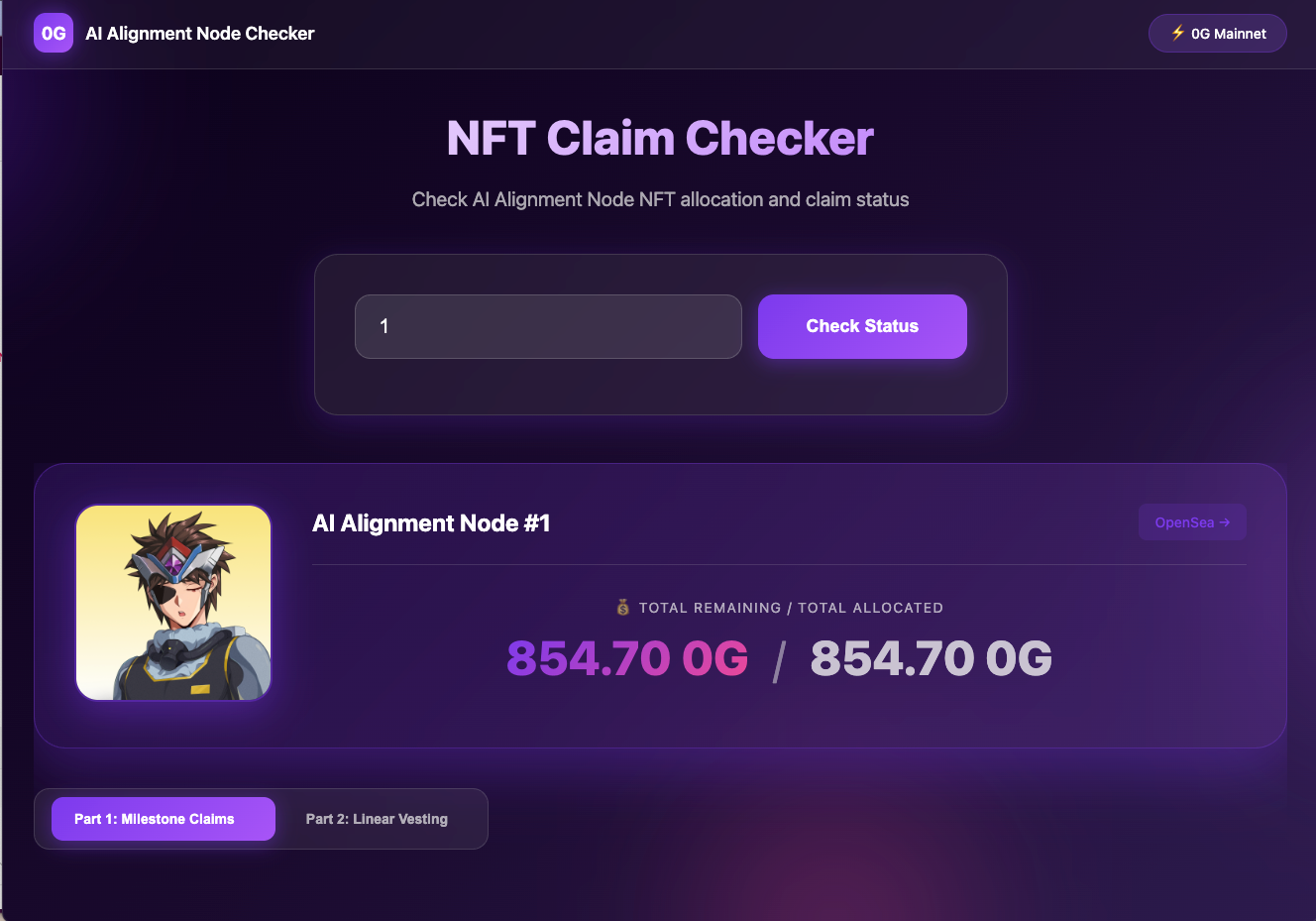 0G iNFT tracker showing token value and claimed 0G rewards