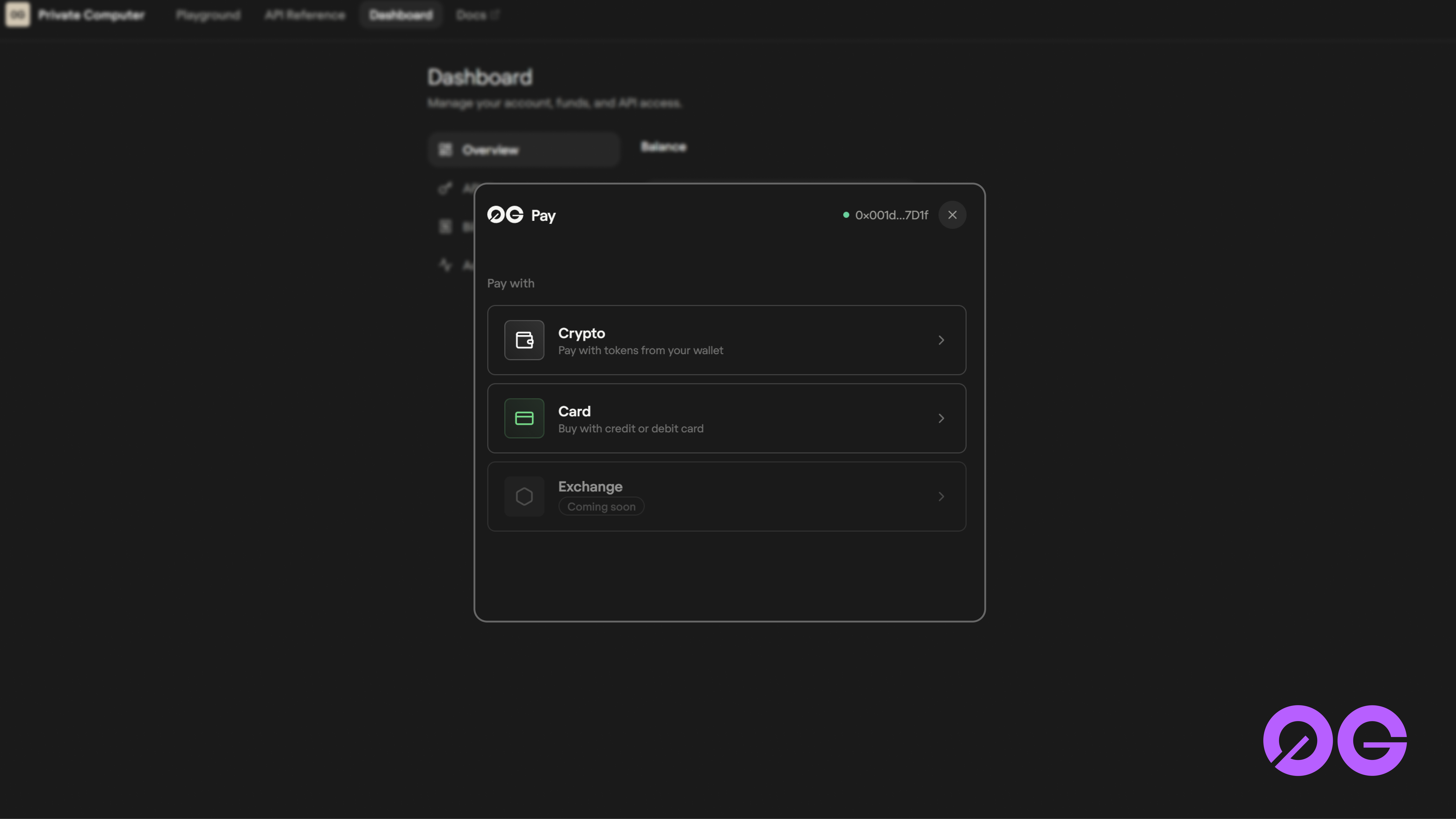 0G Pay window inside Private Computer dashboard with Crypto, Card, and Exchange options